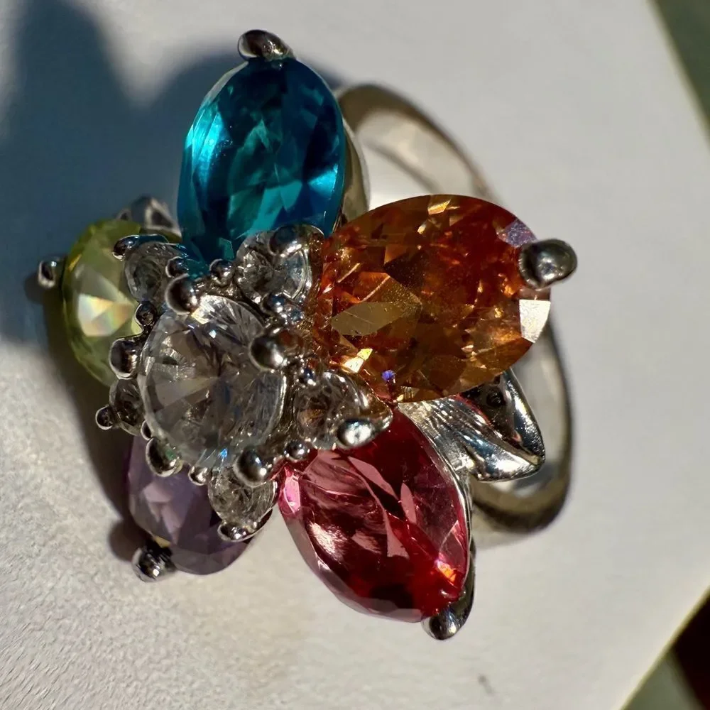 Colorful Flower Cocktail Ring with Multicolor Gemstones – Size 9.5